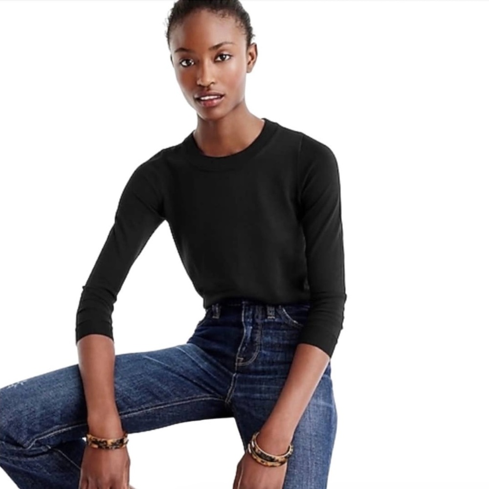 J Crew Black Merino Wool 3/4 Sleeve Crewneck Sweater XS